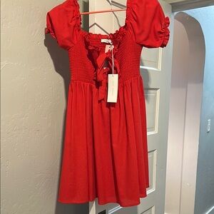 Lush Red Sundress with Ruched Bodice and Puff Sleeves